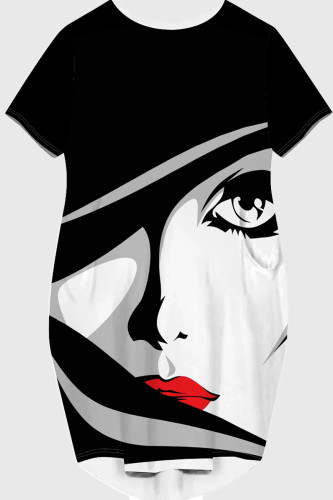 Black And White Casual Print Patchwork O Neck Straight Dresses