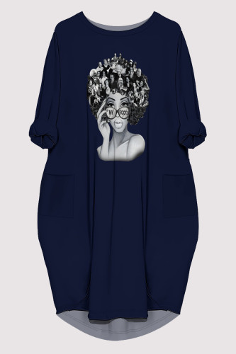 Tibetan Blue Casual Figure Print Pocket O Neck Printed Dresses