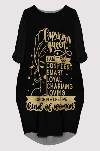 Black Casual Letter Print Pocket O Neck Printed Dresses