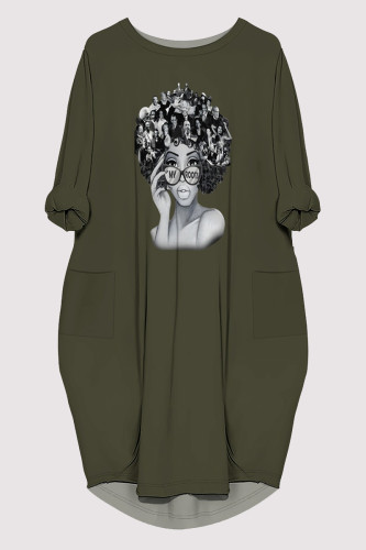 Army Green Casual Figure Print Pocket O Neck Printed Dresses