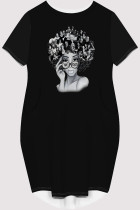 Black Casual Figure Print Pocket O Neck Printed Short Sleeve Dress