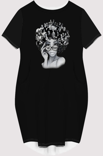Black Casual Figure Print Pocket O Neck Printed Short Sleeve Dress