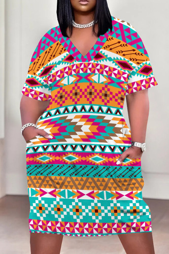 Multicolor Casual Print Pocket Patchwork V Neck Straight Plus Size Dresses