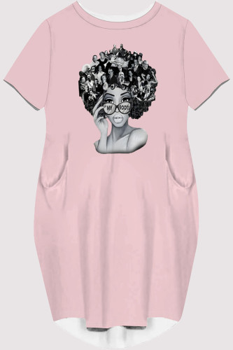 Pink Casual Figure Print Pocket O Neck Printed Short Sleeve Dress