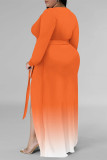 Grey Sexy Gradient Print Lace Up Contrast V Neck Printed Plus Size Dresses