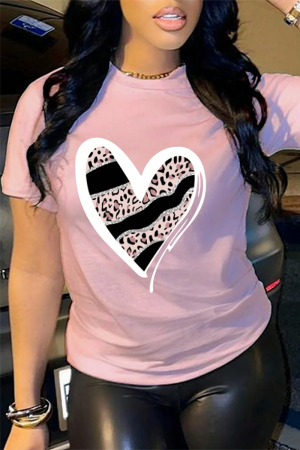 Pink Casual Street Love Print O Neck T-Shirts