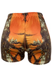 Tangerine Red Casual Print Lace Up Patchwork Skinny Conventional Full Print Bottoms