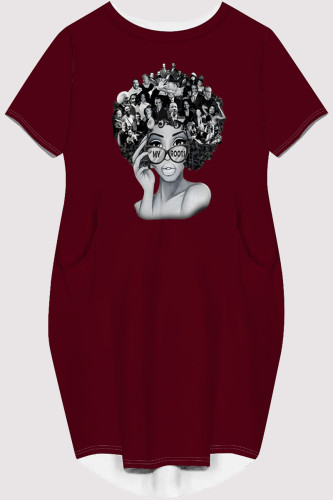 Burgundy Casual Figure Print Pocket O Neck Printed Short Sleeve Dress
