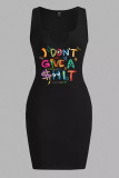 Black Sexy Print Patchwork U Neck Wrapped Skirt Dresses