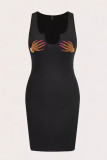 Black Sexy Print Patchwork U Neck Wrapped Skirt Dresses