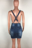 Light Blue Sexy Solid Color Pocket Buckle Patchwork Backless Sleeveless Regular Denim Dresses