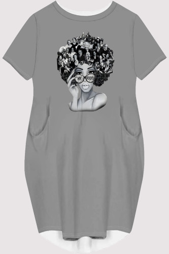 Grey Casual Figure Print Pocket O Neck Printed Short Sleeve Dress