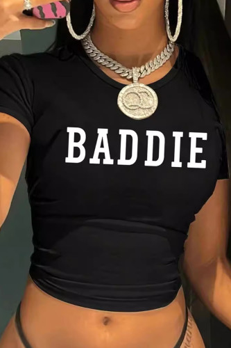 Black And White Sexy Letters Patchwork O Neck T-Shirts