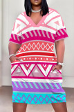 Pink Purple Casual Print Pocket Patchwork V Neck Straight Plus Size Dresses