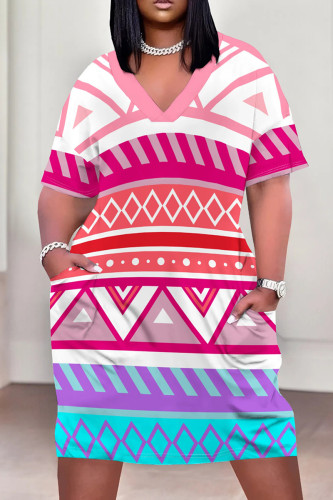 Pink Purple Casual Print Pocket Patchwork V Neck Straight Plus Size Dresses