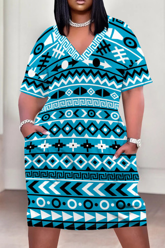Cyan Casual Print Pocket Patchwork V Neck Straight Plus Size Dresses