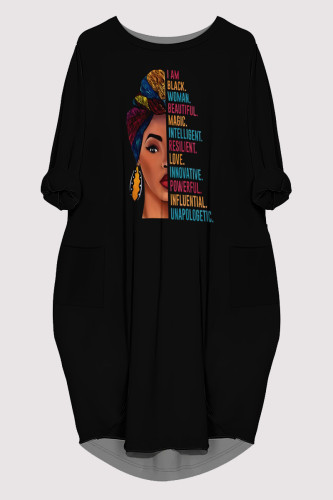Black Casual Figure Print Pocket O Neck Printed Dresses