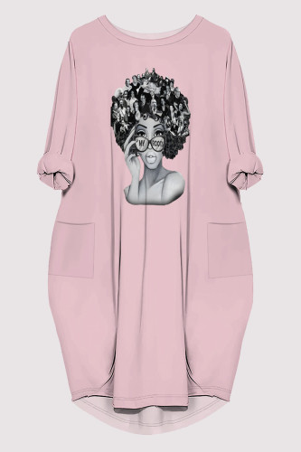 Pink Casual Figure Print Pocket O Neck Printed Dresses