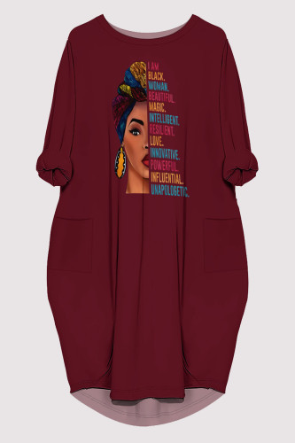 Burgundy Casual Figure Print Pocket O Neck Printed Dresses