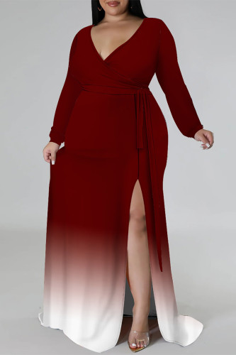 Burgundy Sexy Gradient Print Lace Up Contrast V Neck Printed Plus Size Dresses