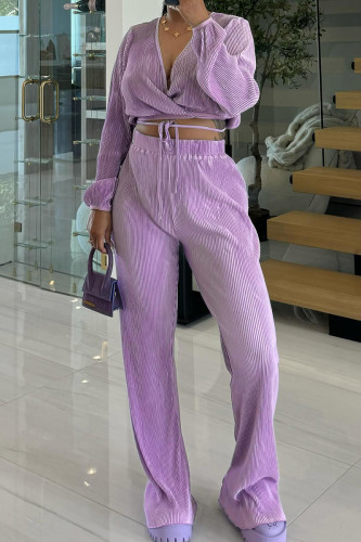 Purple Casual Solid Color Patchwork Strap Design Deep V Neck Long Sleeve Two Pieces