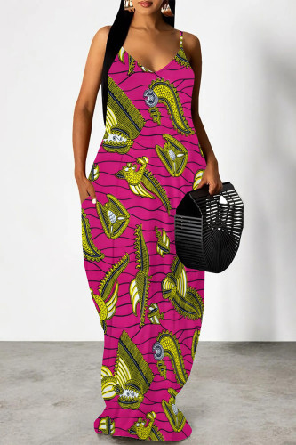 Rose Red Sexy Animal Print Pocket V Neck Printed Dresses