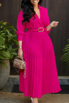 Rose Red Elegant Solid Color Patchwork Ruched With Belt V Neck A Line Dresses