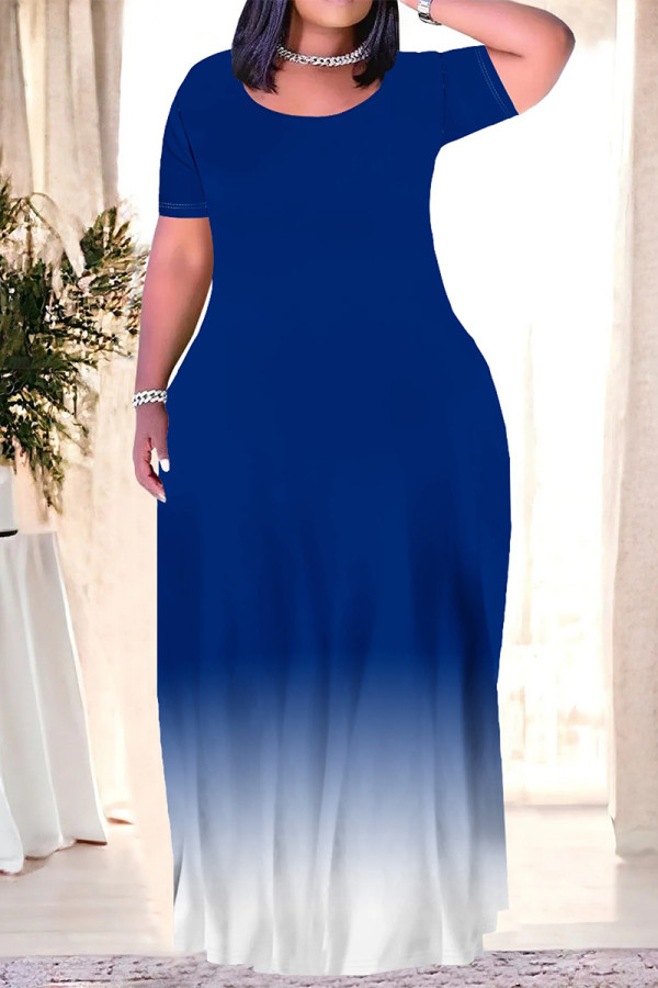 Blue Casual Gradient Print Pocket O Neck Printed Plus Size Dresses