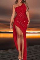 Red Sexy Patchwork Hot Drilling Fringed Trim Slit Oblique Collar Dresses