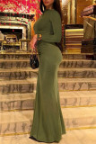 Coffee Casual Solid Color Ruched O Neck Long Dresses