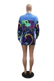 Blue Casual Print Patchwork Shirt Collar Long Sleeve Two Pieces