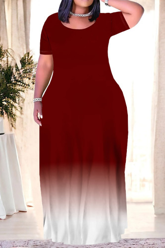 Burgundy Casual Gradient Print Pocket O Neck Printed Plus Size Dresses