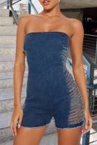 Blue Sexy Casual Solid Color Ripped Backless Strapless Skinny Denim Jumpsuits