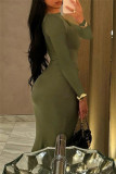 Coffee Casual Solid Color Ruched O Neck Long Dresses