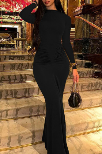 Black Casual Solid Color Ruched O Neck Long Dresses