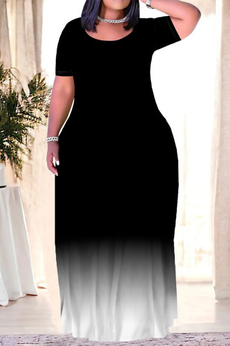 Black Casual Gradient Print Pocket O Neck Printed Plus Size Dresses