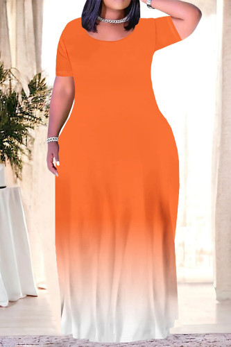 Orange Casual Gradient Print Pocket O Neck Printed Plus Size Dresses