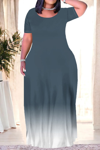 Grey Casual Gradient Print Pocket O Neck Printed Plus Size Dresses