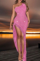 Pink Sexy Patchwork Hot Drilling Fringed Trim Slit Oblique Collar Dresses