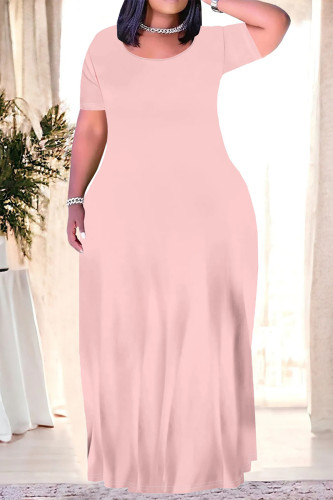 Pink Casual Daily Solid Color Pocket O Neck Printed Plus Size Dresses