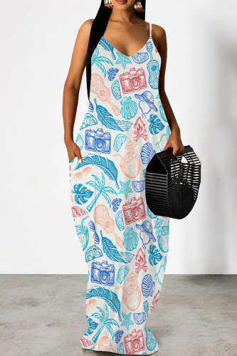 Blue White Casual Print Patchwork Backless Spaghetti Strap Sling Dresses