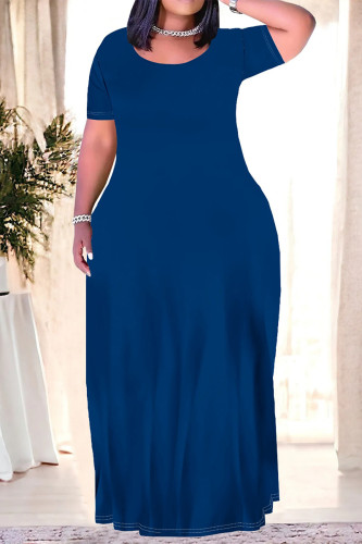 Blue Casual Daily Solid Color Pocket O Neck Printed Plus Size Dresses