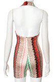 Red Sexy Print Patchwork Deep V Neck Skinny Rompers