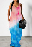 Orange Yellow Casual Print Patchwork Backless Spaghetti Strap Sling Dresses