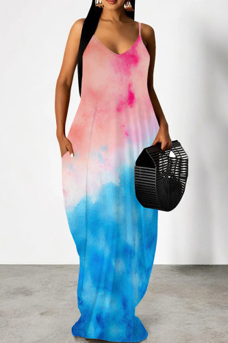 Powder Blue Casual Print Patchwork Backless Spaghetti Strap Sling Dresses
