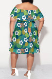 Blue Casual Floral Print Ruffle Off Shoulder Printed Plus Size Dresses