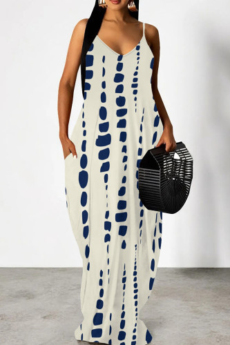 Tibetan Blue Casual Print Patchwork Backless Spaghetti Strap Sling Dresses