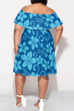 Blue Casual Floral Print Ruffle Off Shoulder Printed Plus Size Dresses