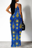 Baby Blue Sexy Floral Print Pocket V Neck Printed Dresses
