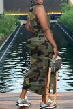 Green Street Camouflage Print Patchwork Slit O Neck Long Dresses